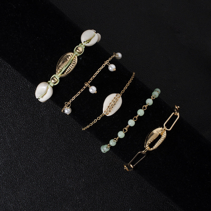 Boho Mint and Gold Bracelets, Stackable Bracelet Set, Thin Bracelet, Cowrie Shell Jewelry, Gold Chain, Summer Bracelet, Unique Gifts For Her