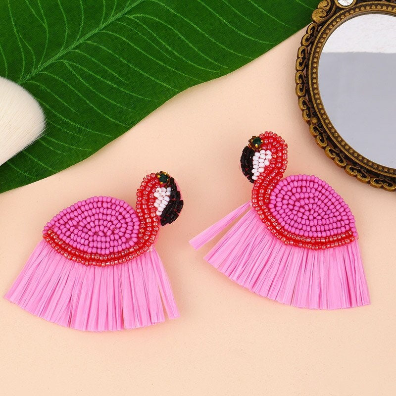 Beaded Flamingo Earrings, Flamingo Tassel Earring, Summer Jewelry, Vacation Earrings, Statement Earring, Boho Flamingo Fan Earrings, Gifts