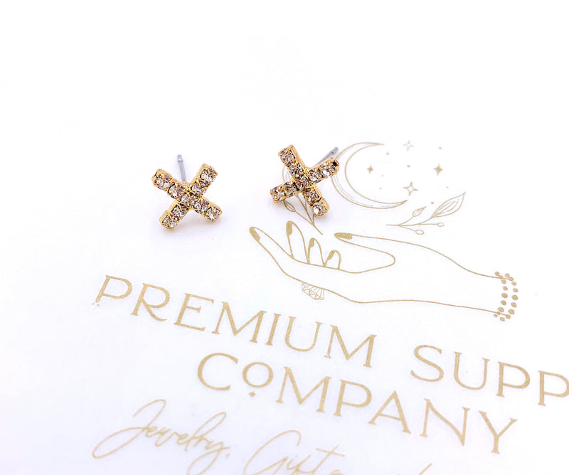 Minimalist Crystal and Gold Earrings, Cross Earrings, Boho Jewelry, X Stud Earrings, Dainty Earrings, Gifts For Her, Small Cross Earrings