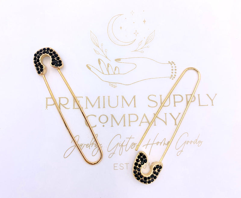 Gold and Black Crystal Safety Pin Earrings, Statement Earrings, Boho Jewelry, Punk Earrings, Dangle Pin Earring, Gold Drop Earring, 90's Kid