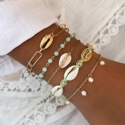 Boho Mint and Gold Bracelets, Stackable Bracelet Set, Thin Bracelet, Cowrie Shell Jewelry, Gold Chain, Summer Bracelet, Unique Gifts For Her