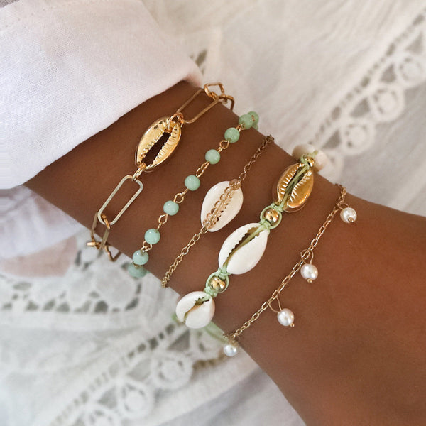 Boho Mint and Gold Bracelets, Stackable Bracelet Set, Thin Bracelet, Cowrie Shell Jewelry, Gold Chain, Summer Bracelet, Unique Gifts For Her