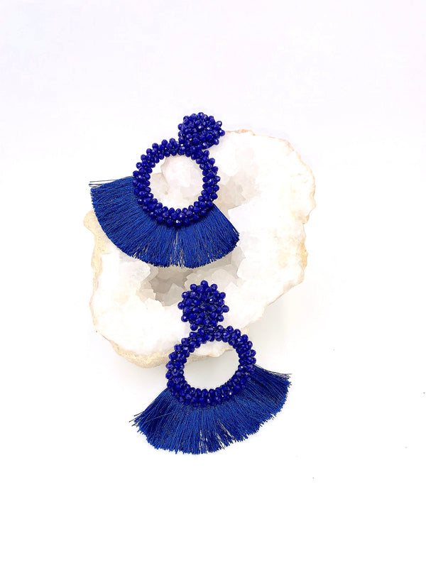 Blue Beaded Tassel Earrings, Boho Jewelry, Royal Blue Tassel Earrings, Festival Jewelry, Bohemian, Beaded Hoop Earring, Summer Earrings