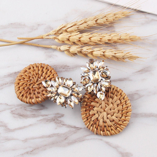 Round Rattan Boho Bling Earring, Vintage Earrings, Mid Century Jewelry, Summer Earrings, Woven Wicker, Braided Vine, Festival Jewelry