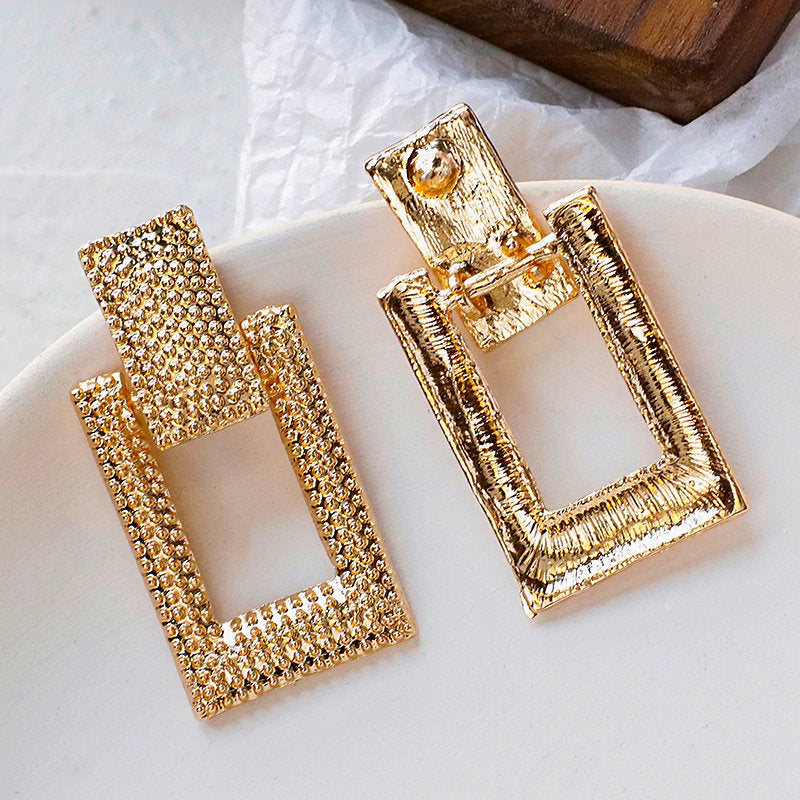 Gold Rectangle Drop Earrings, Vintage Earrings, Retro Boho Jewelry, Statement Earrings, Summer Jewelry, Link Earring, Bohemian, Geometric