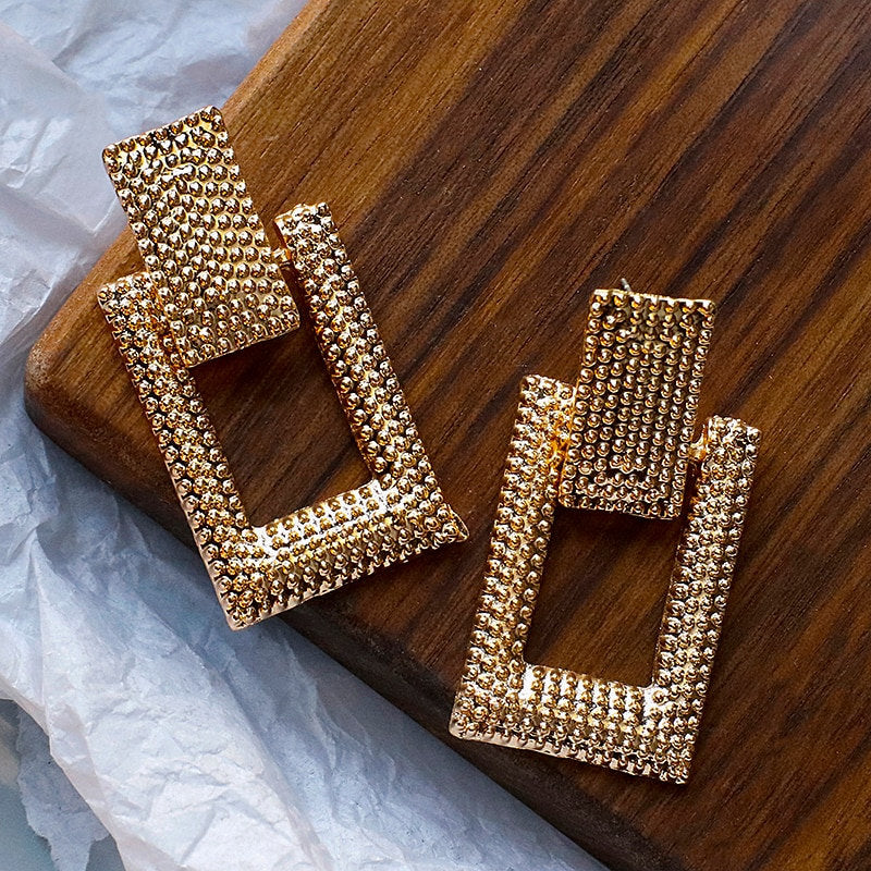 Gold Rectangle Drop Earrings, Vintage Earrings, Retro Boho Jewelry, Statement Earrings, Summer Jewelry, Link Earring, Bohemian, Geometric