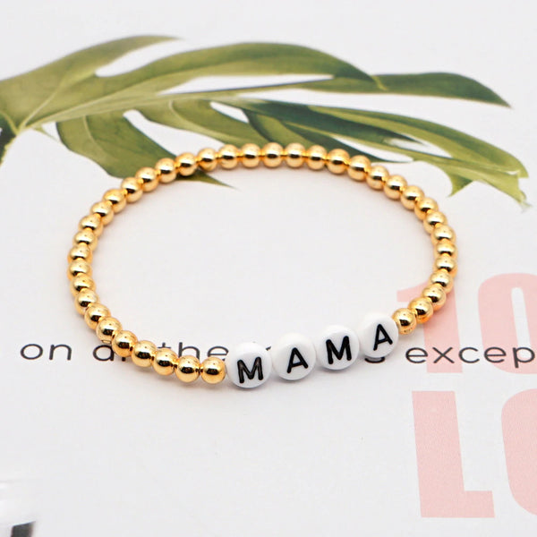 Mama Beaded Bracelet, Gifts For Mom, Elastic Bracelet, Gold Beaded Bracelet, Mother's Day, Boho Bracelet, Minimalist Jewelry, Gold Bangles