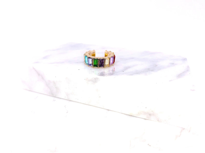 Bohemian Multicolor Ear Cuff, No Piercing Needed, Rainbow Ear Wrap, CZ and Gold Jewelry, Stackable Ear Cuff, Baguette Earrings, Faux Conch