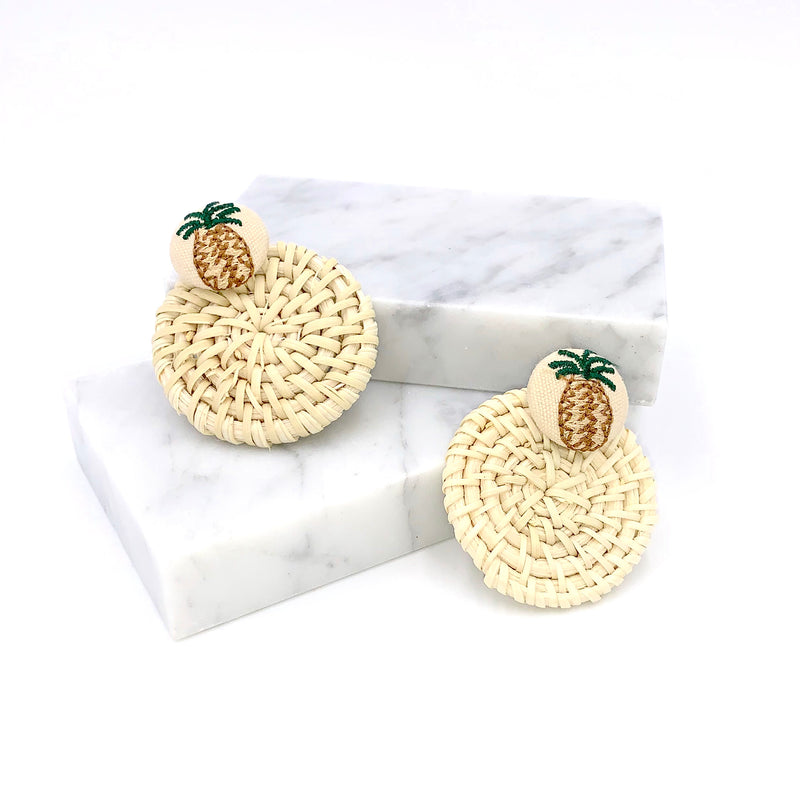 Natural Rattan Earrings, Embroidered Pineapple Earrings, Boho Jewelry, Regency Earrings, Woven Wicker Earrings, Braided Straw Earrings, Gift