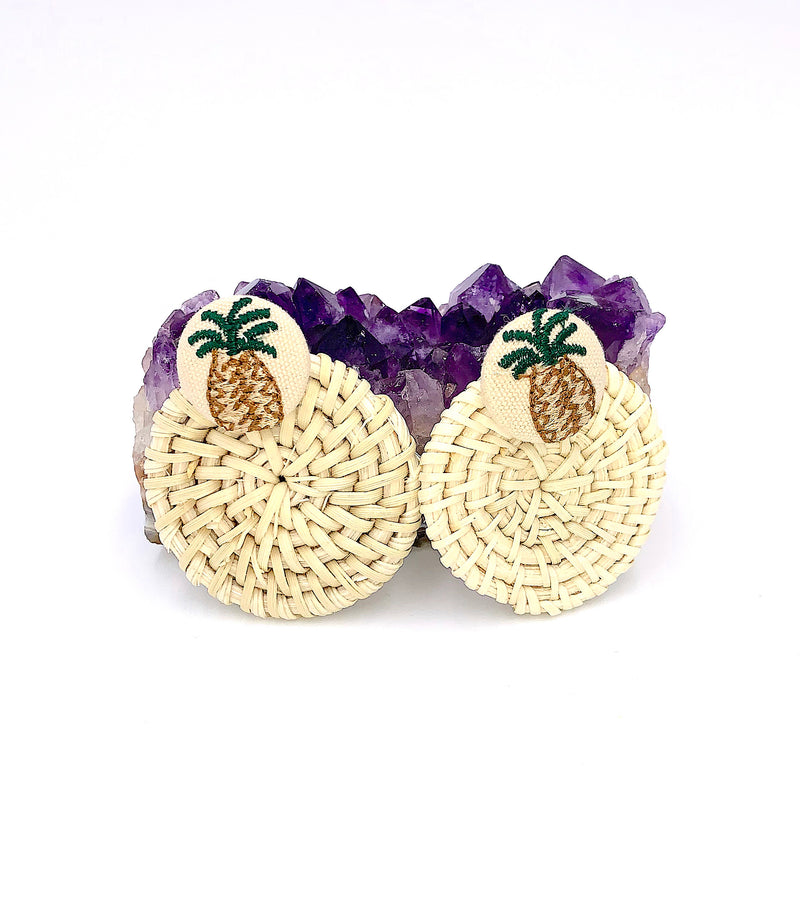 Natural Rattan Earrings, Embroidered Pineapple Earrings, Boho Jewelry, Regency Earrings, Woven Wicker Earrings, Braided Straw Earrings, Gift