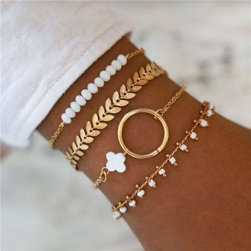 Gold And White Bracelet Set, Bohemian Charm Bracelets, Gold Boho Bracelet, Summer Jewelry, Stackable Dainty Gold Bracelets, Gifts For Her