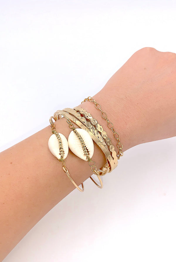 Bohemian Gold Bangle Set, 6 Stackable Bracelets, Boho Jewelry, Summer Jewelry, Gold Cowery Shell Bangle, Hammered Gold Bangles, For Her