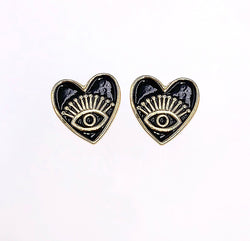 Black Heart Earring, Black And Gold Evil Eye Earrings, Unique Jewelry, Statement Jewelry, Gifts For Her, Protection Jewelry, Stud Earrings,