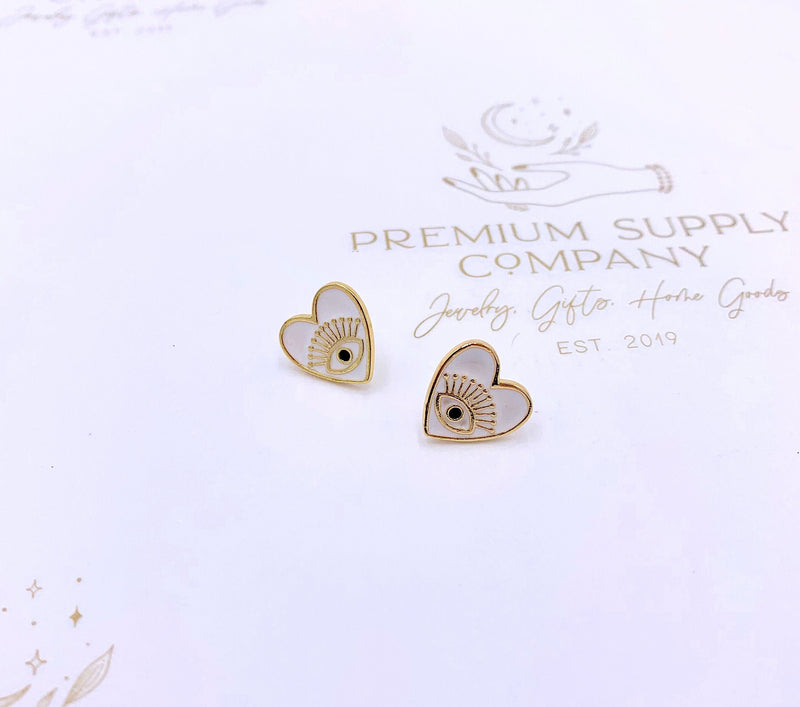 White Heart Earring, White And Gold Evil Eye Earrings, Unique Jewelry, Statement Jewelry, Gifts For Her, Protection Jewelry, Stud Earrings,