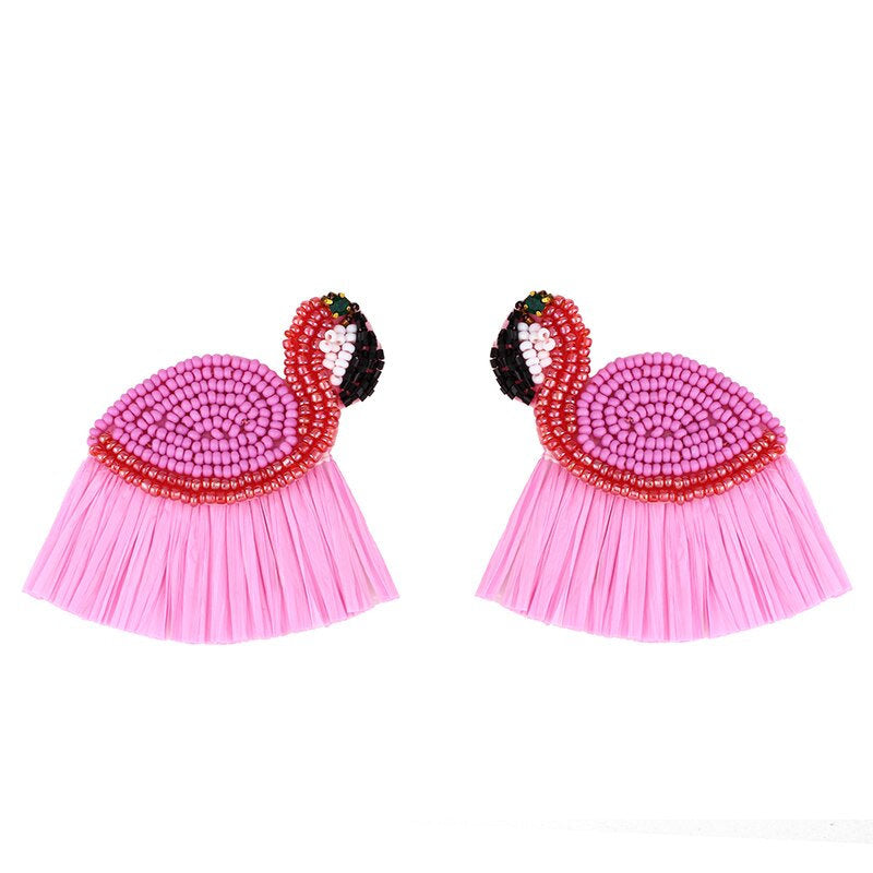 Beaded Flamingo Earrings, Flamingo Tassel Earring, Summer Jewelry, Vacation Earrings, Statement Earring, Boho Flamingo Fan Earrings, Gifts