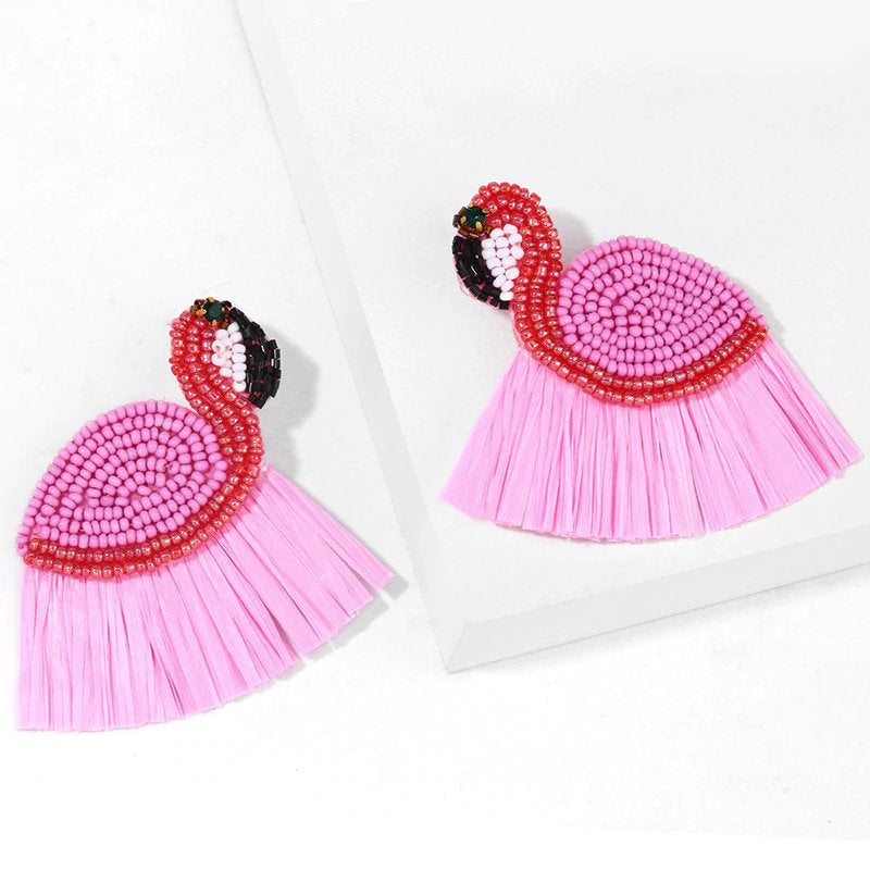 Beaded Flamingo Earrings, Flamingo Tassel Earring, Summer Jewelry, Vacation Earrings, Statement Earring, Boho Flamingo Fan Earrings, Gifts