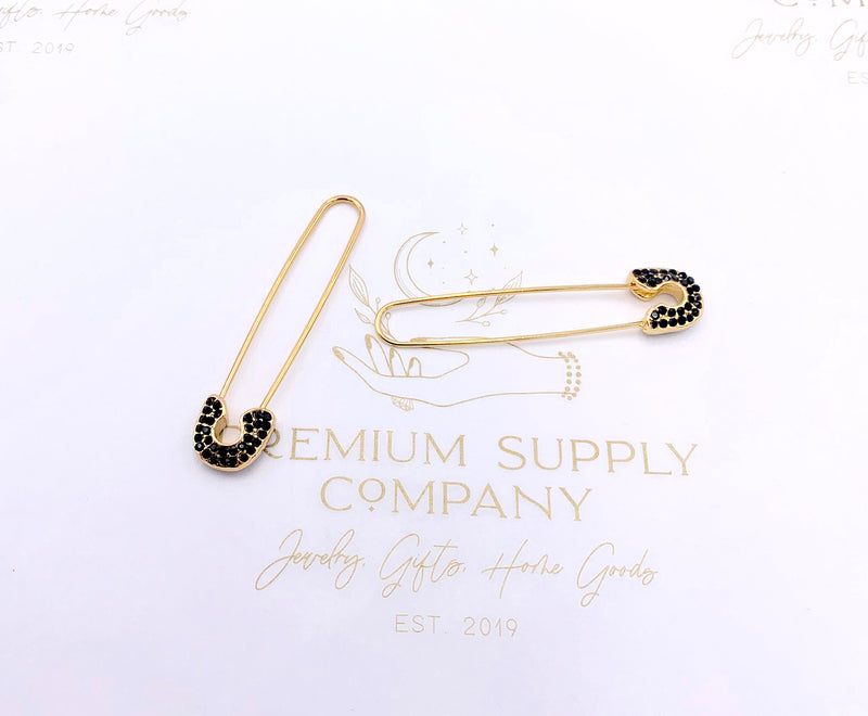 Gold and Black Crystal Safety Pin Earrings, Statement Earrings, Boho Jewelry, Punk Earrings, Dangle Pin Earring, Gold Drop Earring, 90's Kid