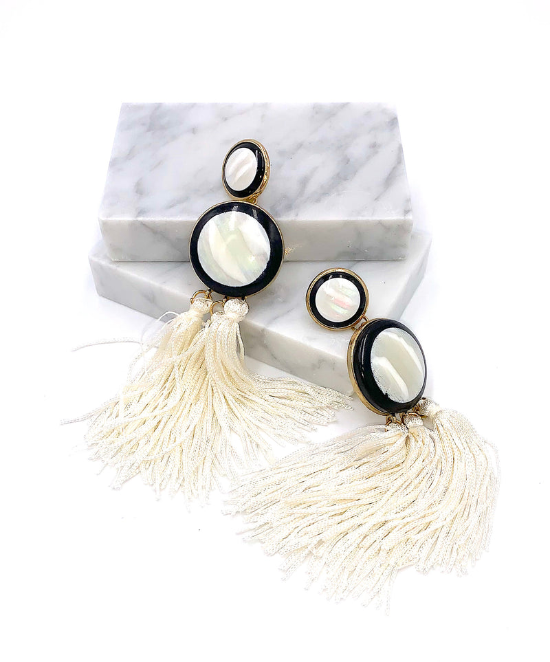 Simulated Shell Tassel Earrings, Bohemian Earrings, White Tassel Earrings, Statement Jewelry, Black and White Dangle Earrings, Gifts for Her