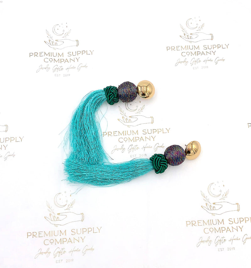 Long Teal Tassel Earrings, Gold Button Tassel, Boho Earrings, Statement Jewelry, Exaggerated Tassel Earrings, Summer Earrings, Bold Earrings