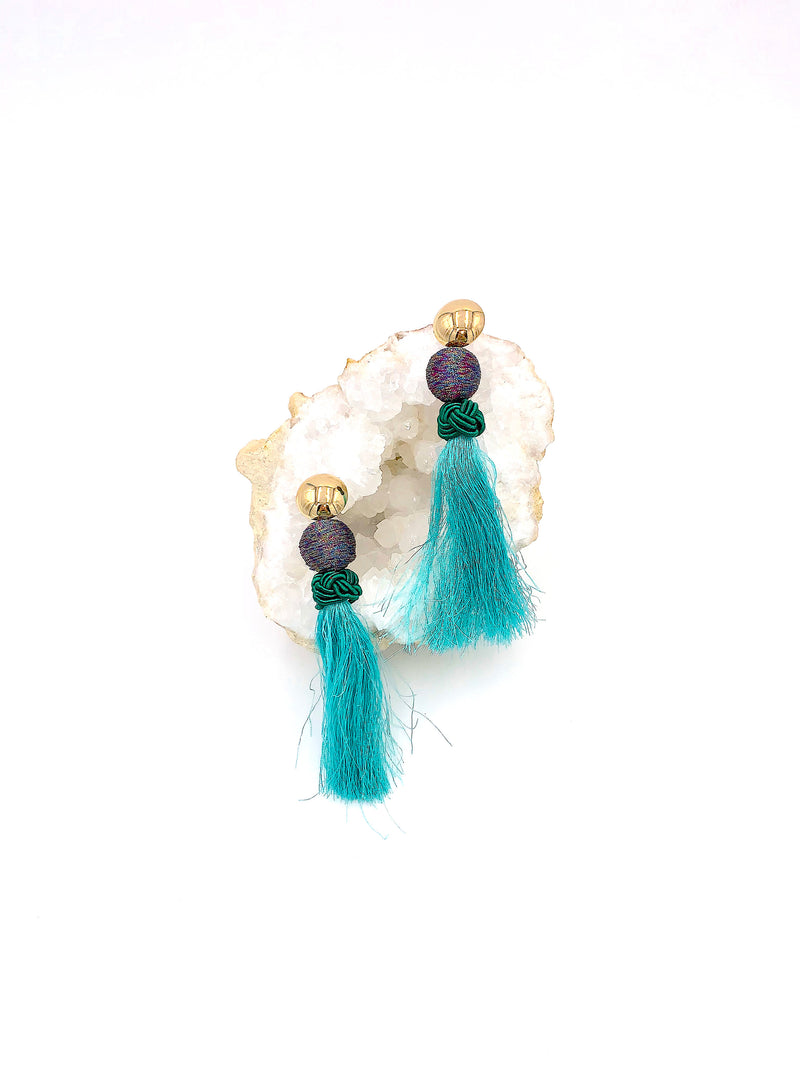 Long Teal Tassel Earrings, Gold Button Tassel, Boho Earrings, Statement Jewelry, Exaggerated Tassel Earrings, Summer Earrings, Bold Earrings