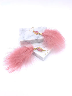 Plush Mauve Feather Earrings, Simulated Crystal And Feather Dangle Earrings, Boho Jewelry, Fluffy Feather Earring, Statement Earrings, Gifts