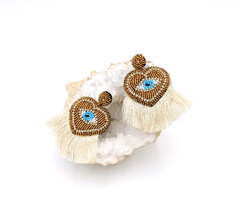 Bohemian Beaded Turkish Evil Eye Fringe Earrings, Gold Evil Eye Drop Earrings, Boho Jewelry, Statement Tassel Earrings, Watchful Eye Jewelry