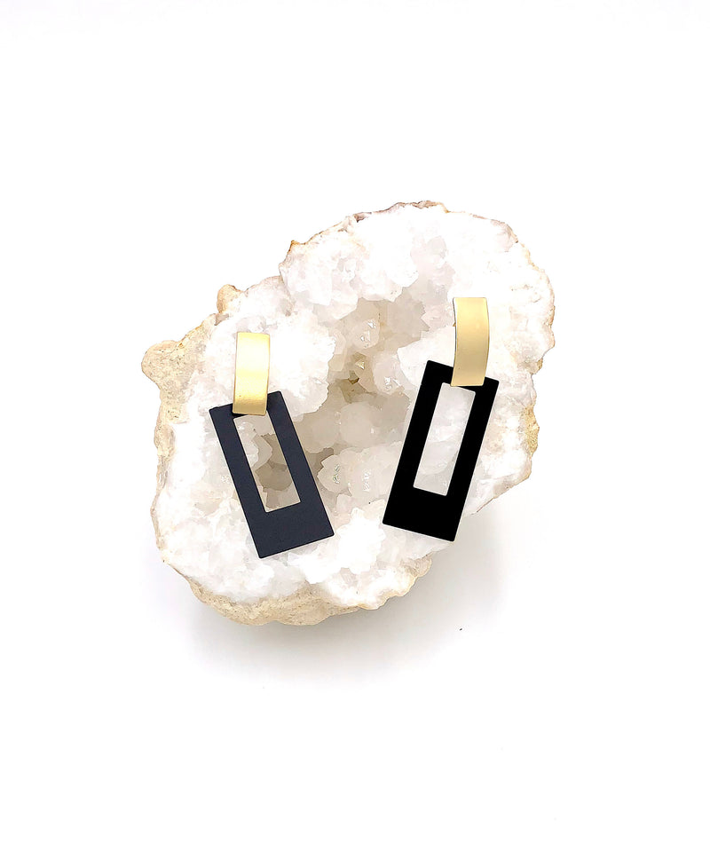 Matte Black And Gold Rectangle Drop Earrings, Minimalist Jewelry, Elegant Earrings, Geometric Dangle Earrings, Matte Gold Earrings, Gifts