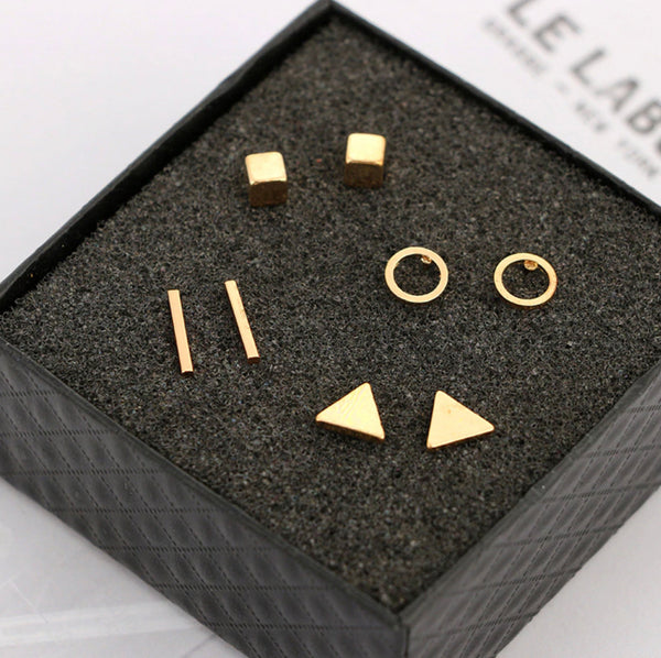 4 Piece Dainty Gold Geometric Stud Earring Set, Triangle Stud, Cube Stud, Circle Stud, Minimalist Earrings, Boho Jewelry, Everyday Earrings