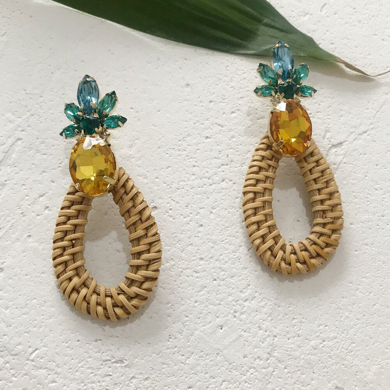 Tear Drop Rattan Woven Pineapple Earrings, Jeweled Pineapple Earrings, Braided Vine Earrings, Summer Boho Earring, Tropical Jewelry Festival