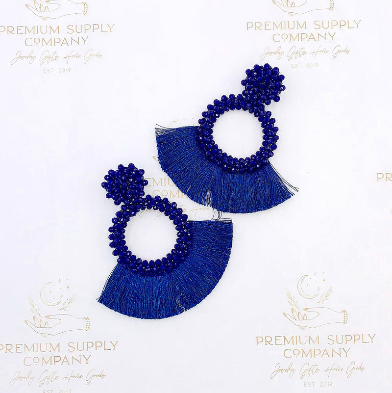 Blue Beaded Tassel Earrings, Boho Jewelry, Royal Blue Tassel Earrings, Festival Jewelry, Bohemian, Beaded Hoop Earring, Summer Earrings