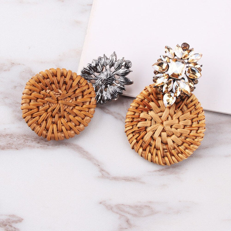 Round Rattan Boho Bling Earring, Vintage Earrings, Mid Century Jewelry, Summer Earrings, Woven Wicker, Braided Vine, Festival Jewelry