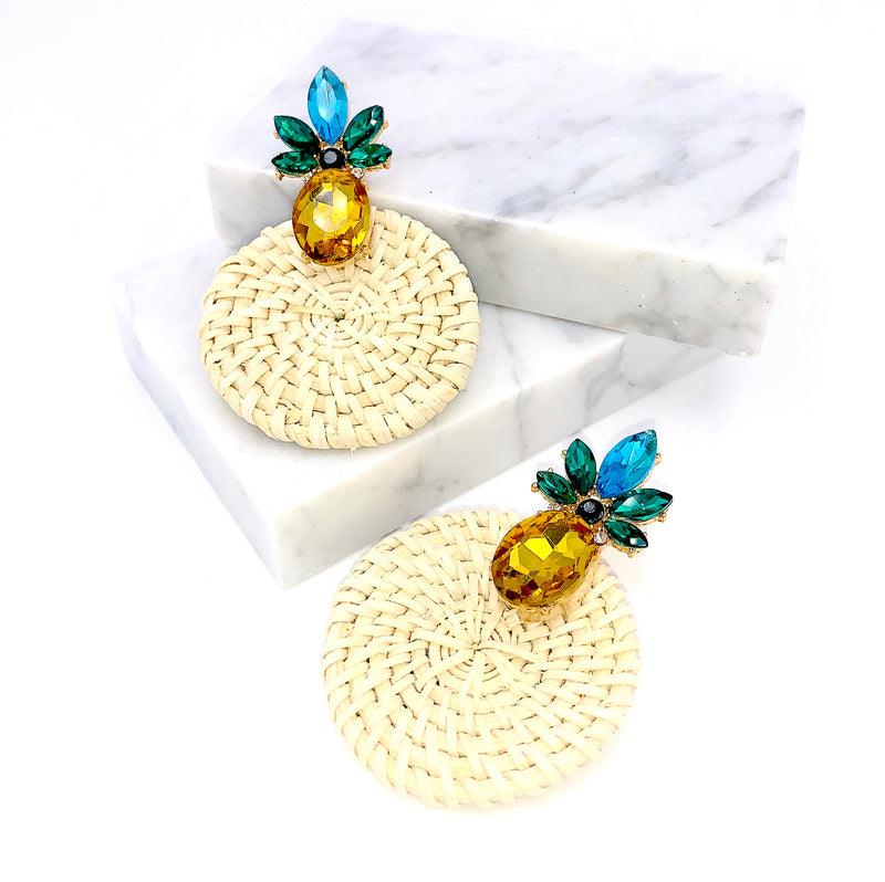 Round Rattan Boho Pineapple Earring, Vintage Earrings, Mid Century Jewelry, Summer Earrings, Woven Wicker, Braided Vine, Festival Jewelry