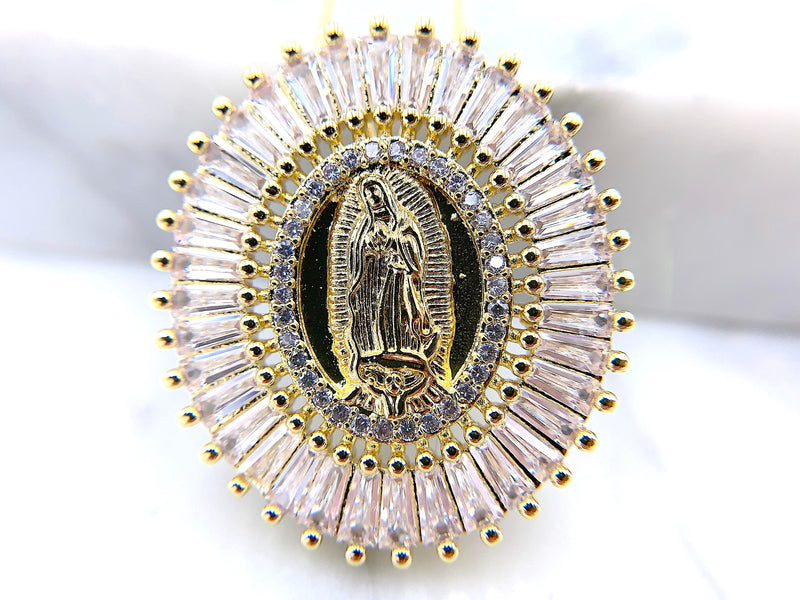 Gold Our Lady Of Guadalupe Medallion Necklace, Cubic Zirconia Catholic Saint Pendant, Christening Gift For Her, The Virgin Mary Necklace,