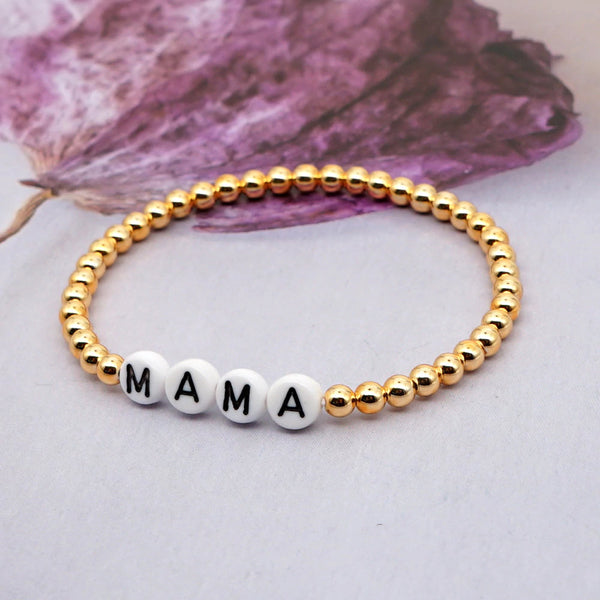 Mama Beaded Bracelet, Gifts For Mom, Elastic Bracelet, Gold Beaded Bracelet, Mother's Day, Boho Bracelet, Minimalist Jewelry, Gold Bangles