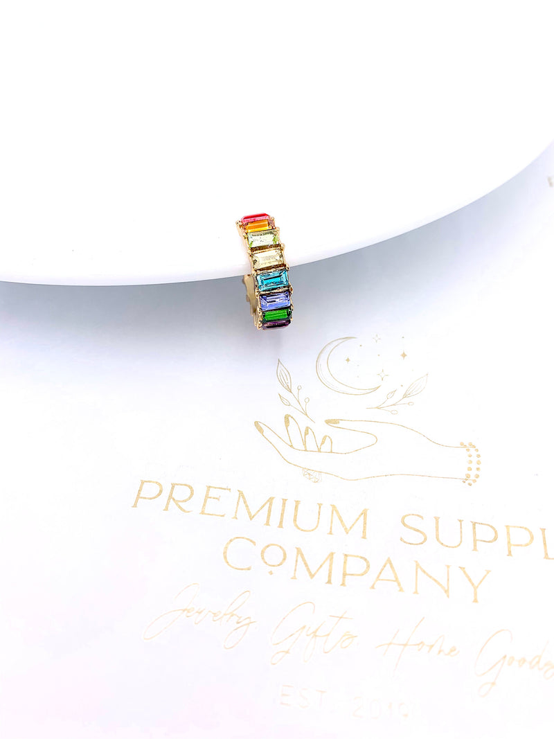 Bohemian Multicolor Ear Cuff, No Piercing Needed, Rainbow Ear Wrap, CZ and Gold Jewelry, Stackable Ear Cuff, Baguette Earrings, Faux Conch