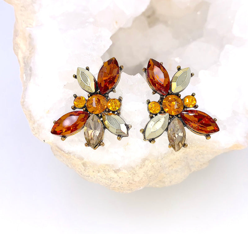 Orange Crystal And Gold Earrings, Boho Earrings, Art Deco Jewelry, Elegant Fall Earrings, Light Weight Earrings, Autumn Jewelry, Unique Gift