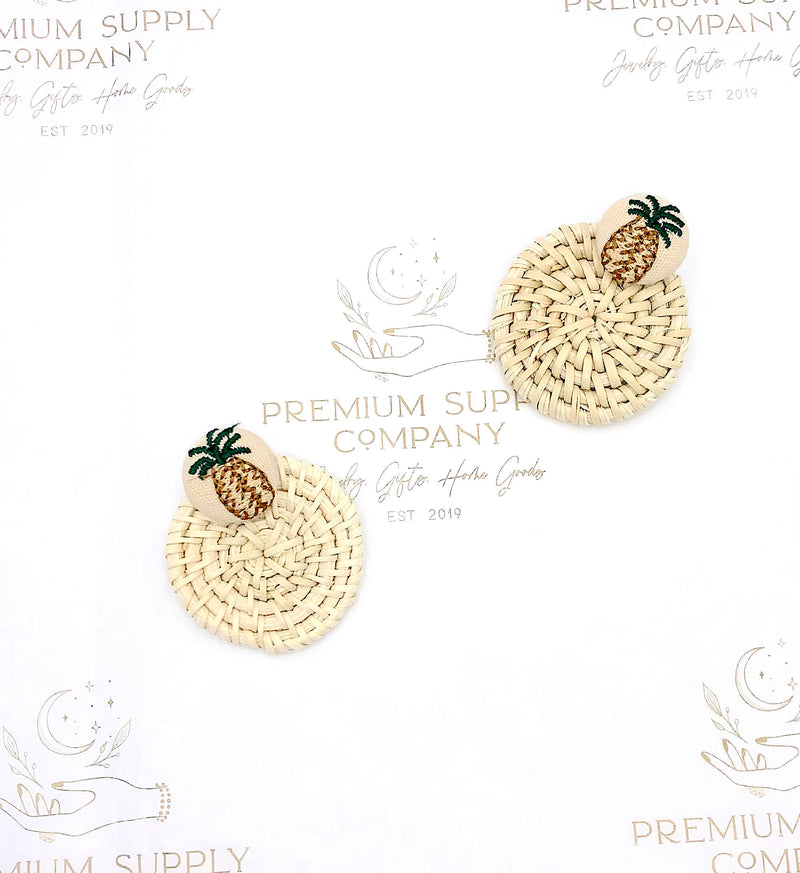 Natural Rattan Earrings, Embroidered Pineapple Earrings, Boho Jewelry, Regency Earrings, Woven Wicker Earrings, Braided Straw Earrings, Gift