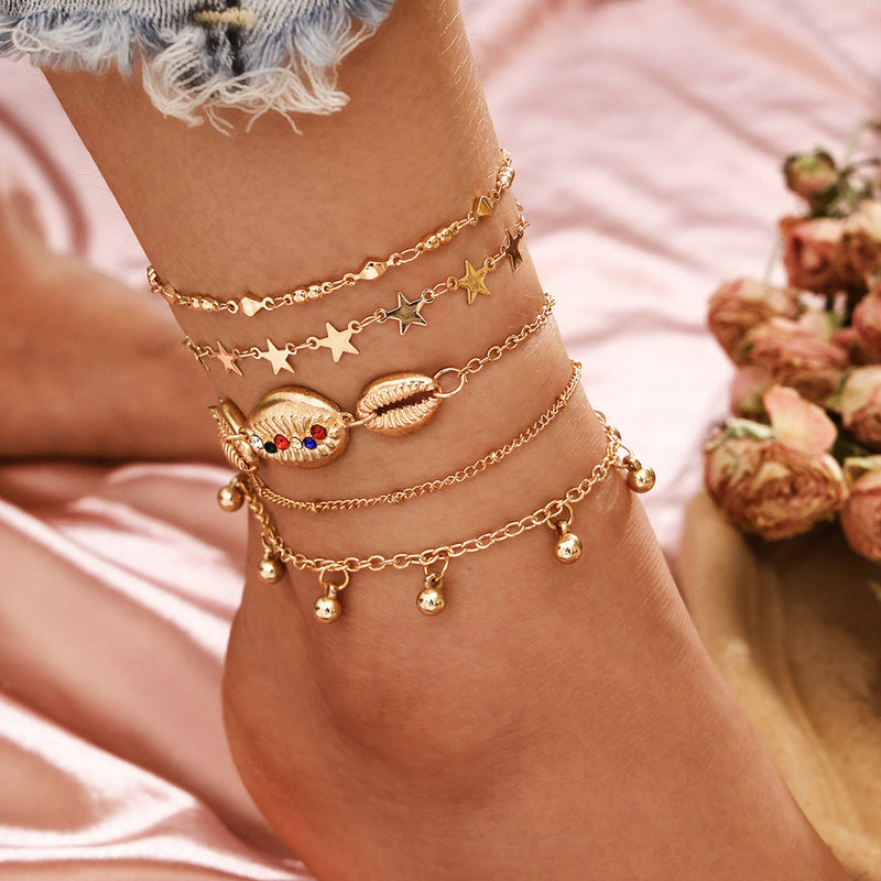 Gold Jeweled Pukka Anklet Set, Star Chain Ankle Bracelet, Boho Anklet Set, Bohemian Jewelry, Dainty Ankle Bracelet, Unique Jewelry, Gifts