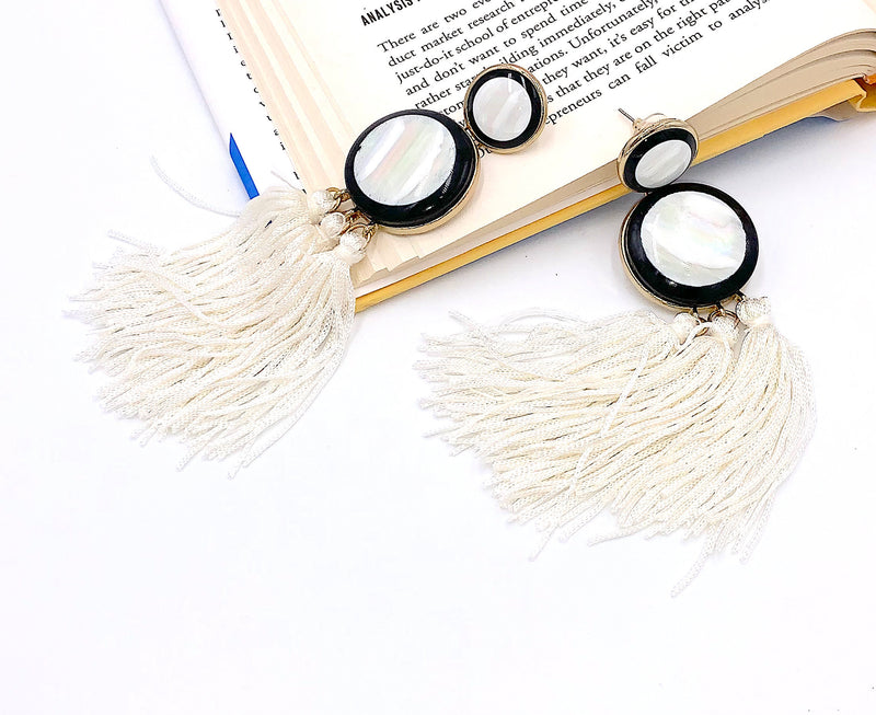 Simulated Shell Tassel Earrings, Bohemian Earrings, White Tassel Earrings, Statement Jewelry, Black and White Dangle Earrings, Gifts for Her