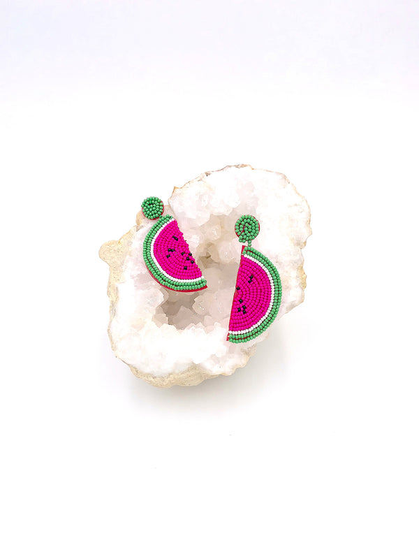 Hand Beaded Watermelon Slice Drop Earrings, Summer Jewelry, Cute Earrings, Boho Jewelry, Fun Fruit Earrings, Tropical Jewelry, Plant Lady,