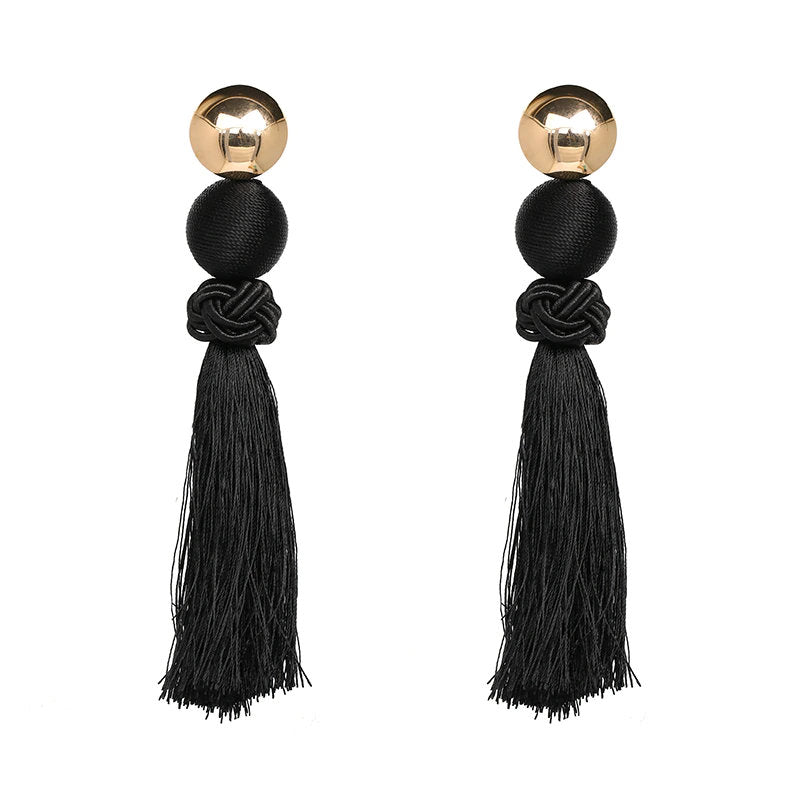 Long Black And Gold Tassel Earrings, Bohemian Tassel Earrings, Boho Jewelry, Gold Button Tassel, Black Fringe Earring, Exaggerated Tassel