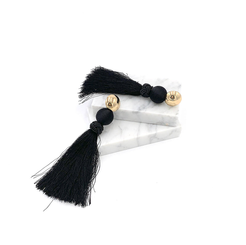 Long Black And Gold Tassel Earrings, Bohemian Tassel Earrings, Boho Jewelry, Gold Button Tassel, Black Fringe Earring, Exaggerated Tassel