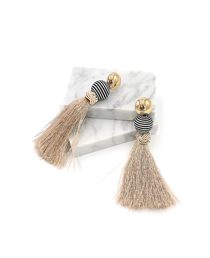 Exaggerated Beige And Gold Tassel Earrings, Statement Earrings, Long Boho Tassel Earrings, Bohemian Jewelry, Gold Button, Elegant Earrings