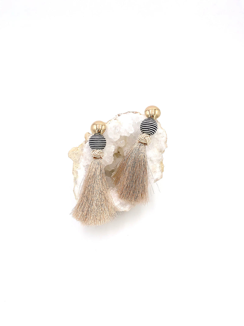 Exaggerated Beige And Gold Tassel Earrings, Statement Earrings, Long Boho Tassel Earrings, Bohemian Jewelry, Gold Button, Elegant Earrings