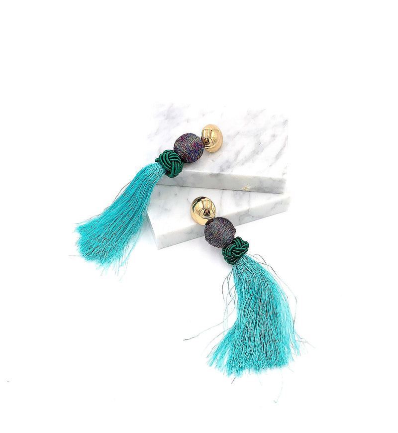 Long Teal Tassel Earrings, Gold Button Tassel, Boho Earrings, Statement Jewelry, Exaggerated Tassel Earrings, Summer Earrings, Bold Earrings