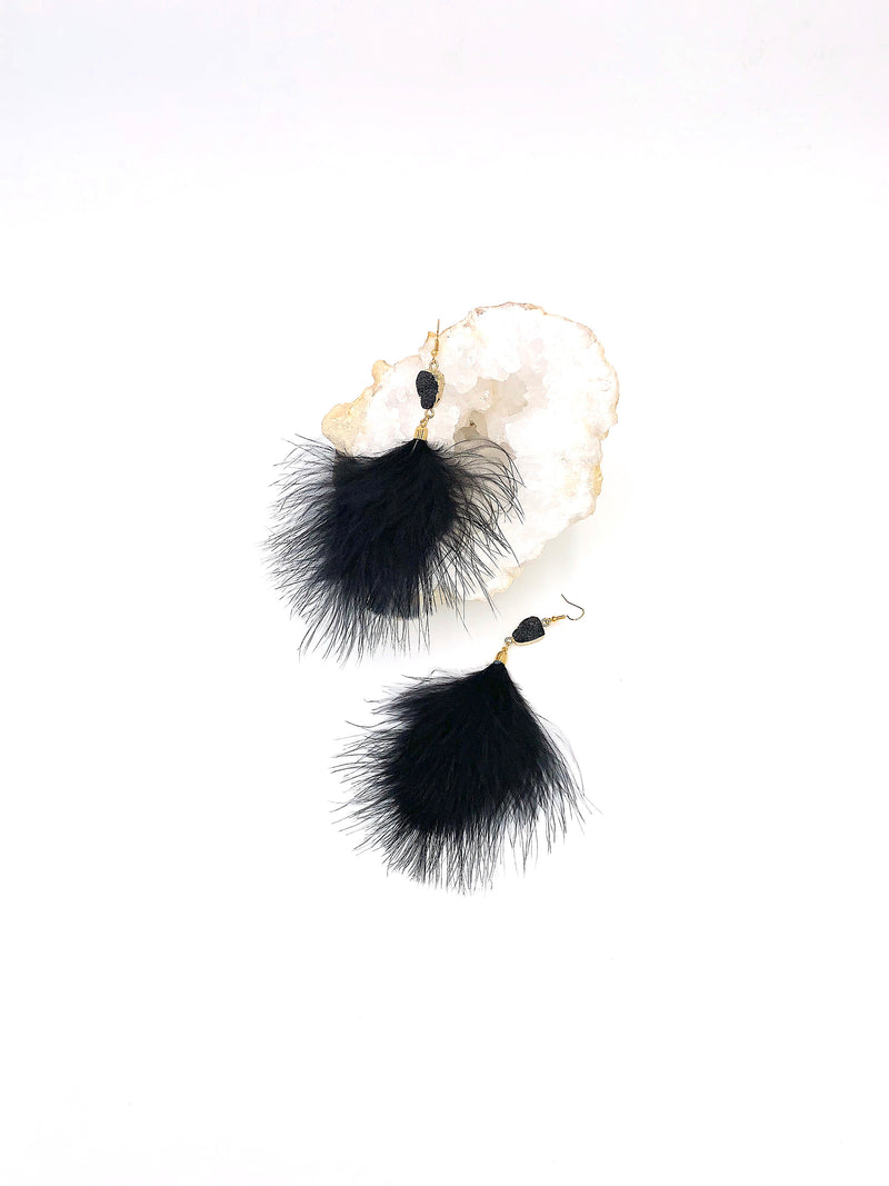 Black Feather And Crystal Earrings, Simulated Crystal Earrings, Bohemian Jewelry, Summer Boho Earrings, Fluffy Feather Dangle Earring, Gifts