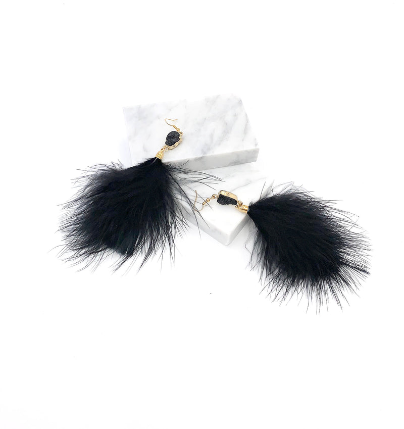 Black Feather And Crystal Earrings, Simulated Crystal Earrings, Bohemian Jewelry, Summer Boho Earrings, Fluffy Feather Dangle Earring, Gifts