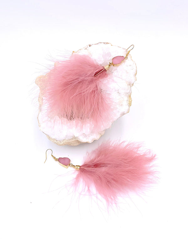 Plush Mauve Feather Earrings, Simulated Crystal And Feather Dangle Earrings, Boho Jewelry, Fluffy Feather Earring, Statement Earrings, Gifts