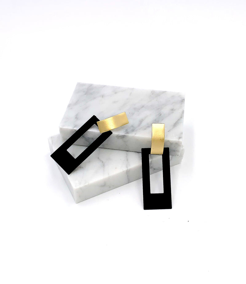 Matte Black And Gold Rectangle Drop Earrings, Minimalist Jewelry, Elegant Earrings, Geometric Dangle Earrings, Matte Gold Earrings, Gifts