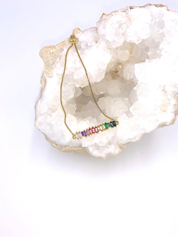 Dainty Multi Color Cubic Zirconia And Gold Bracelet, Bolo Box Chain Bracelet, Thin Pride Bracelet, Gifts For Her, Adjustable Boho Bracelets